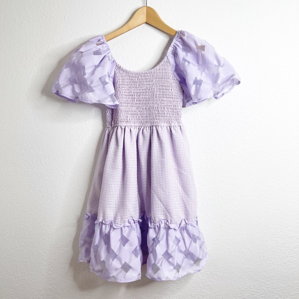 Umgee Lavender Smocked Puff Sleeve Mini Dress Lattice Cutout Gingham Small